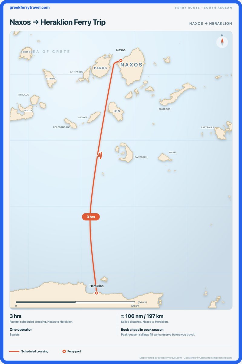 Map of the south Aegean showing the ferry route south from Naxos to Heraklion.