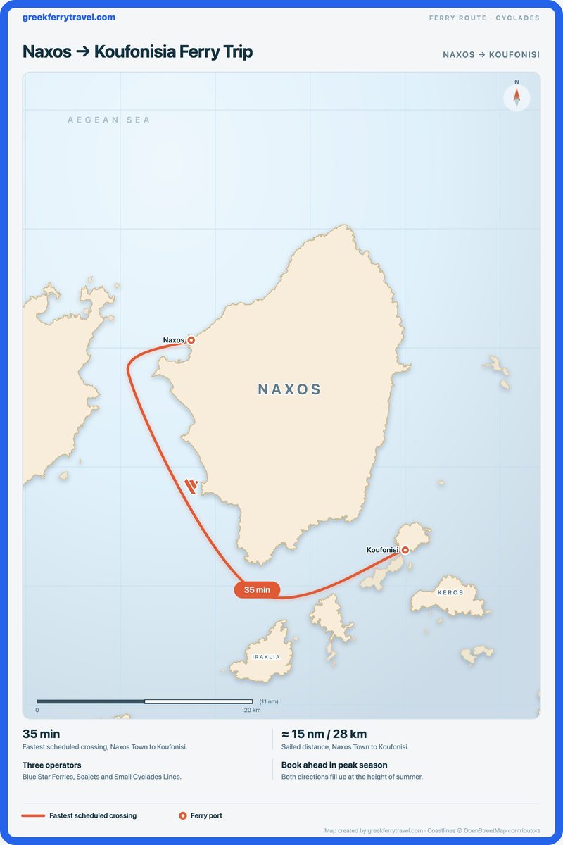 Map of the Cyclades showing the ferry route south-east from Naxos Town on Naxos to Koufonisi on Koufonisia.