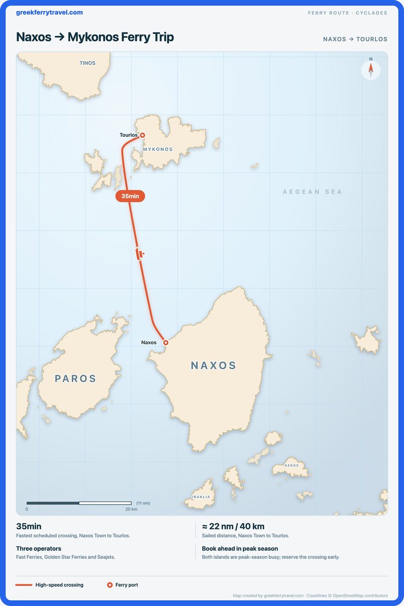 Map of the Cyclades showing the ferry route north from Naxos Town on Naxos to Tourlos on Mykonos.