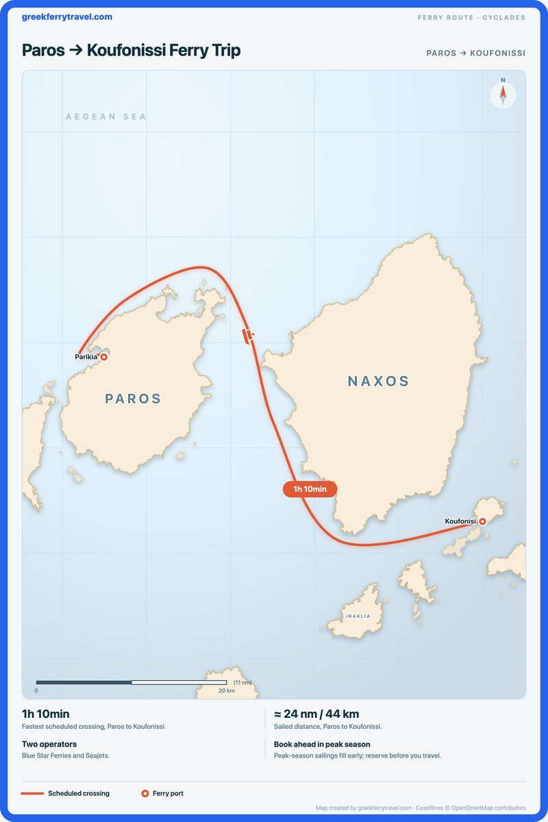 Map of the Cyclades showing the ferry route east-south-east from Paros to Koufonissi.