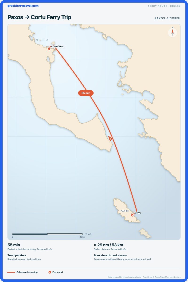 Map of the Ionian Islands showing the ferry route north-north-west from Paxos to Corfu.