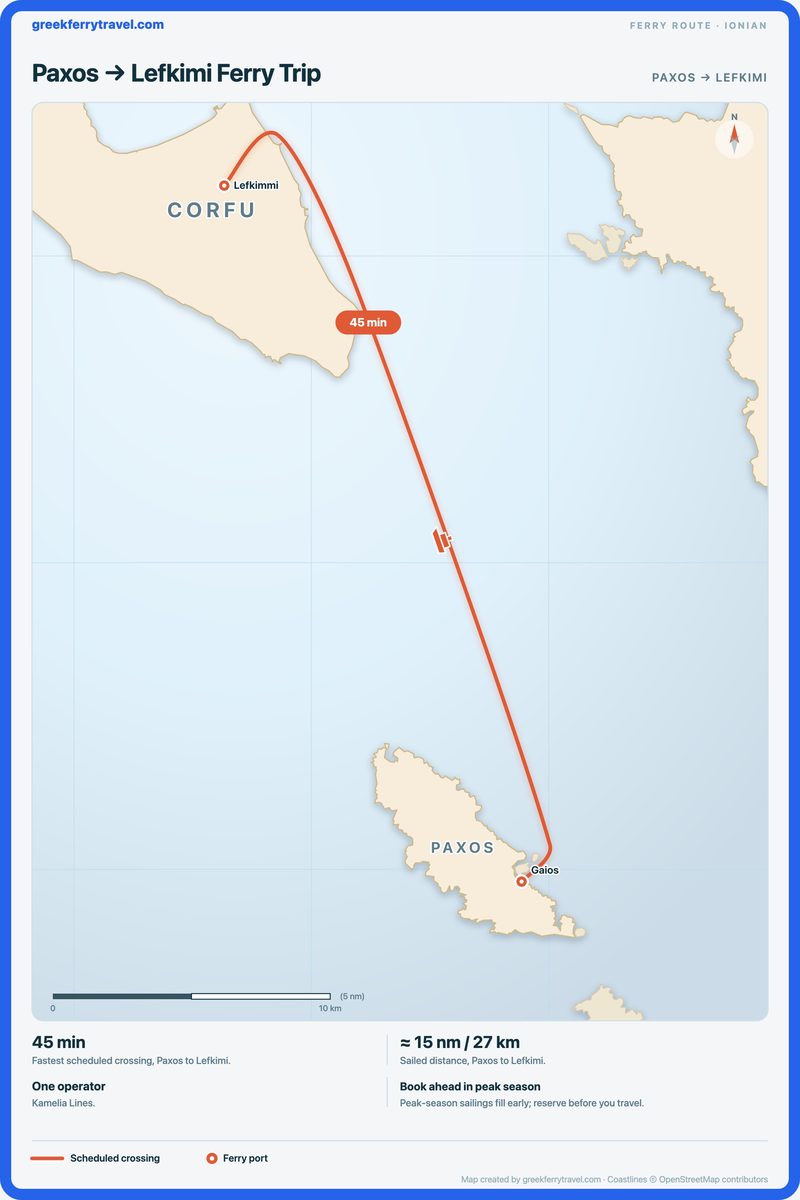 Map of the Ionian Islands showing the ferry route north-north-west from Paxos to Lefkimi.