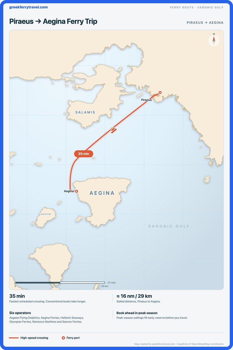 Map of the Saronic Gulf showing the ferry route south-west from Piraeus, the port of Athens, to Aegina.