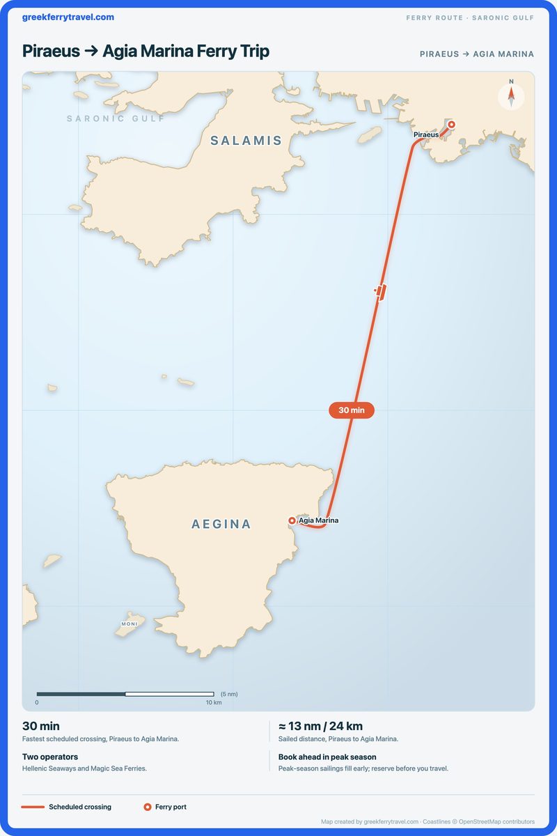 Map of the Saronic Gulf showing the ferry route south-south-west from Piraeus to Agia Marina.