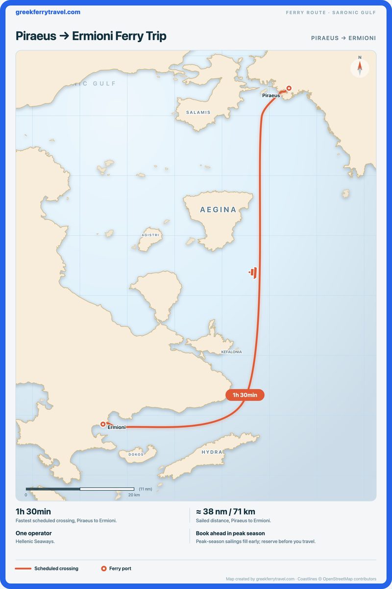 Map of the Saronic Gulf showing the ferry route south-south-west from Piraeus to Ermioni.