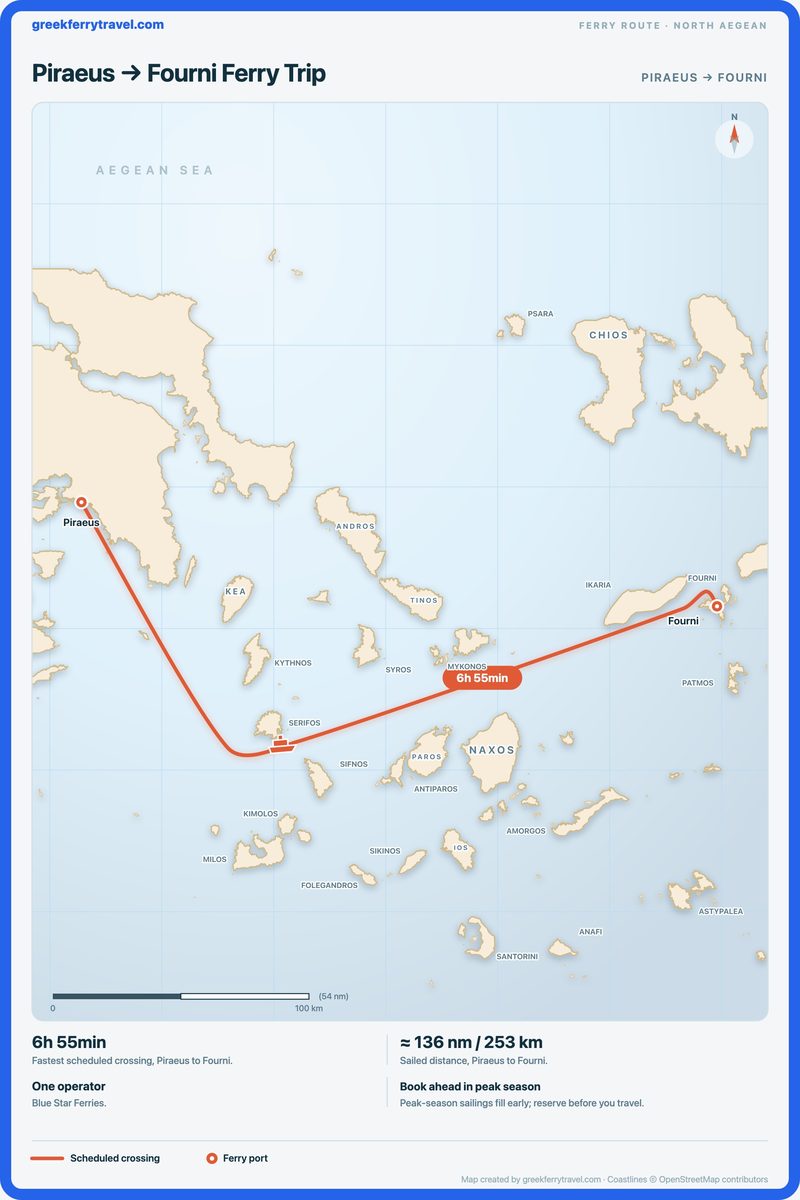 Map of the north Aegean showing the ferry route east from Piraeus to Fourni.