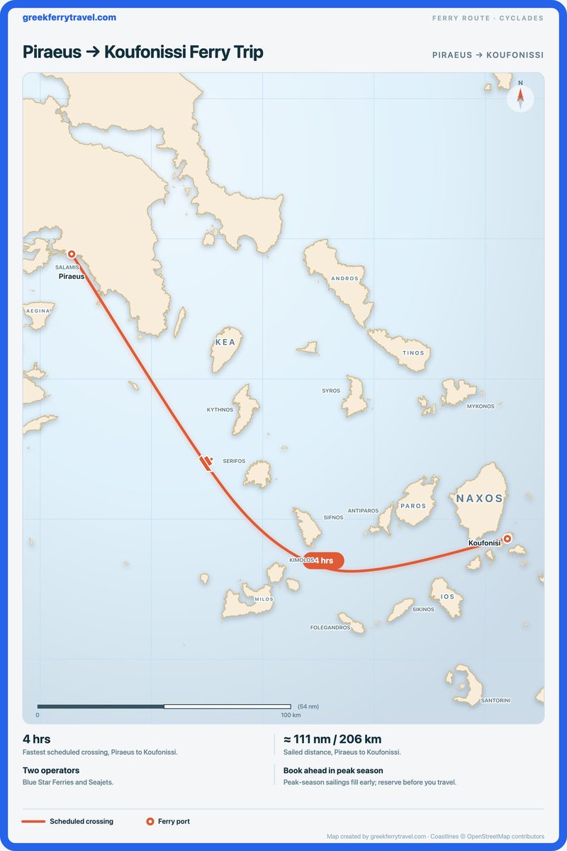 Map of the Cyclades showing the ferry route east-south-east from Piraeus to Koufonissi.