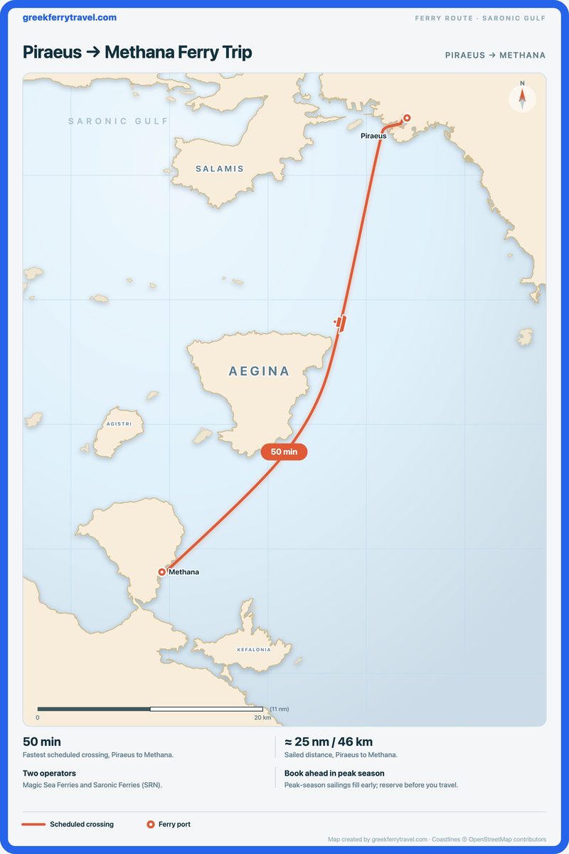 Map of the Saronic Gulf showing the ferry route south-south-west from Piraeus to Methana.