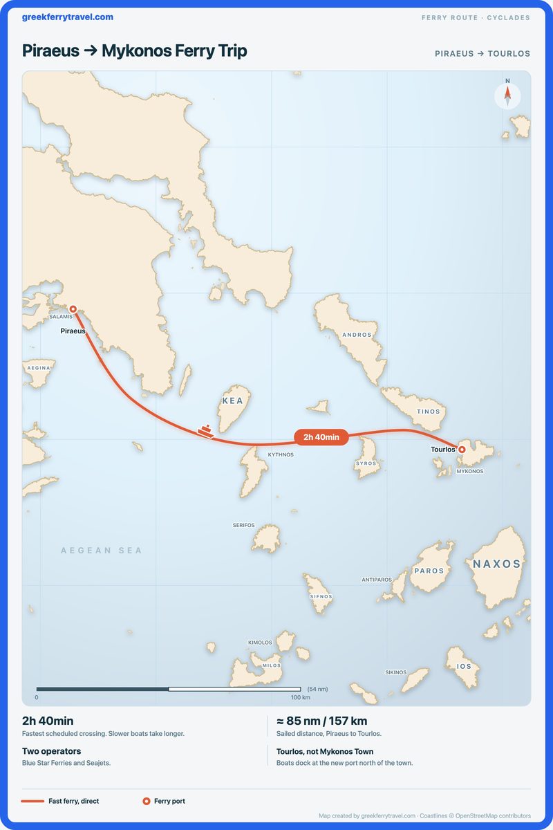 Map of the Cyclades showing the ferry route east-south-east from Piraeus, the port of Athens to Tourlos on Mykonos.