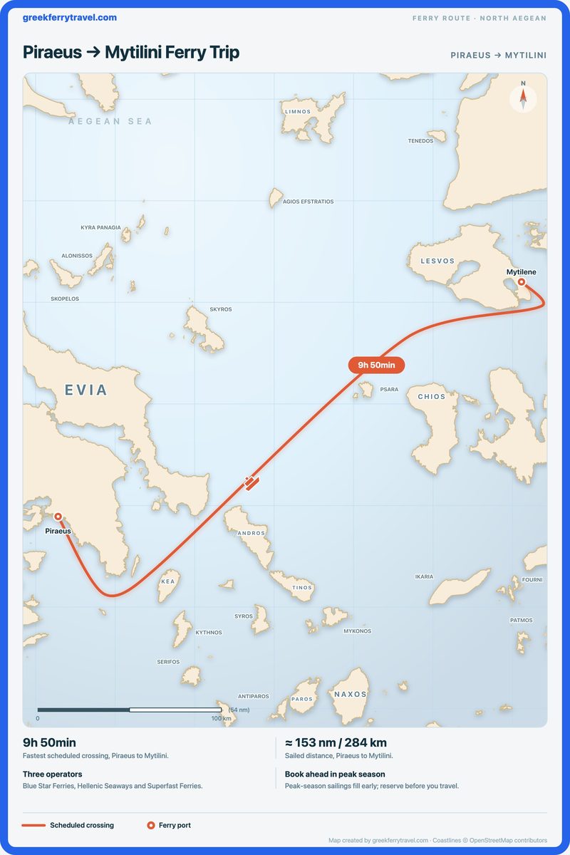 Map of the north Aegean showing the ferry route east-north-east from Piraeus to Mytilini.