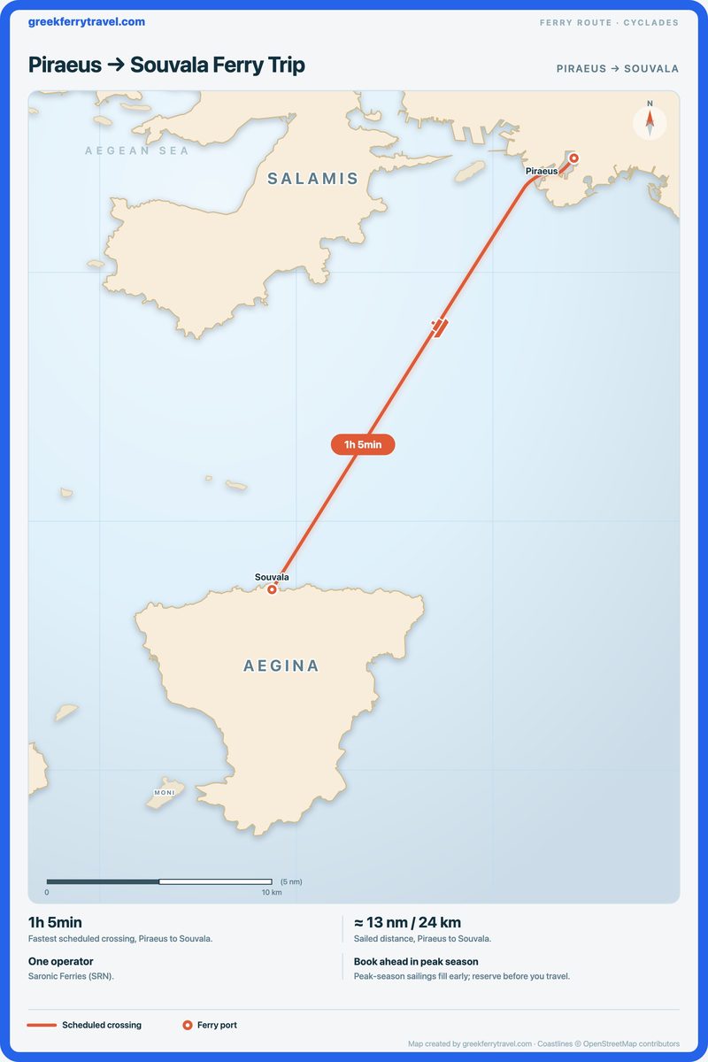 Map of the Cyclades showing the ferry route south-west from Piraeus to Souvala.