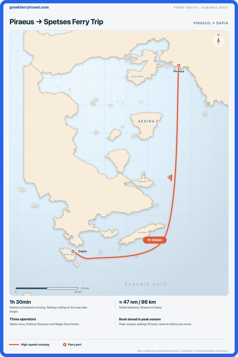 Map of the Saronic Gulf showing the ferry route south-south-west from Piraeus, the port of Athens, to Dapia on Spetses.