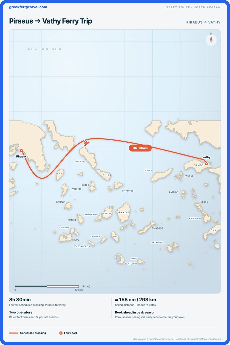Map of the north Aegean showing the ferry route east from Piraeus to Vathy.