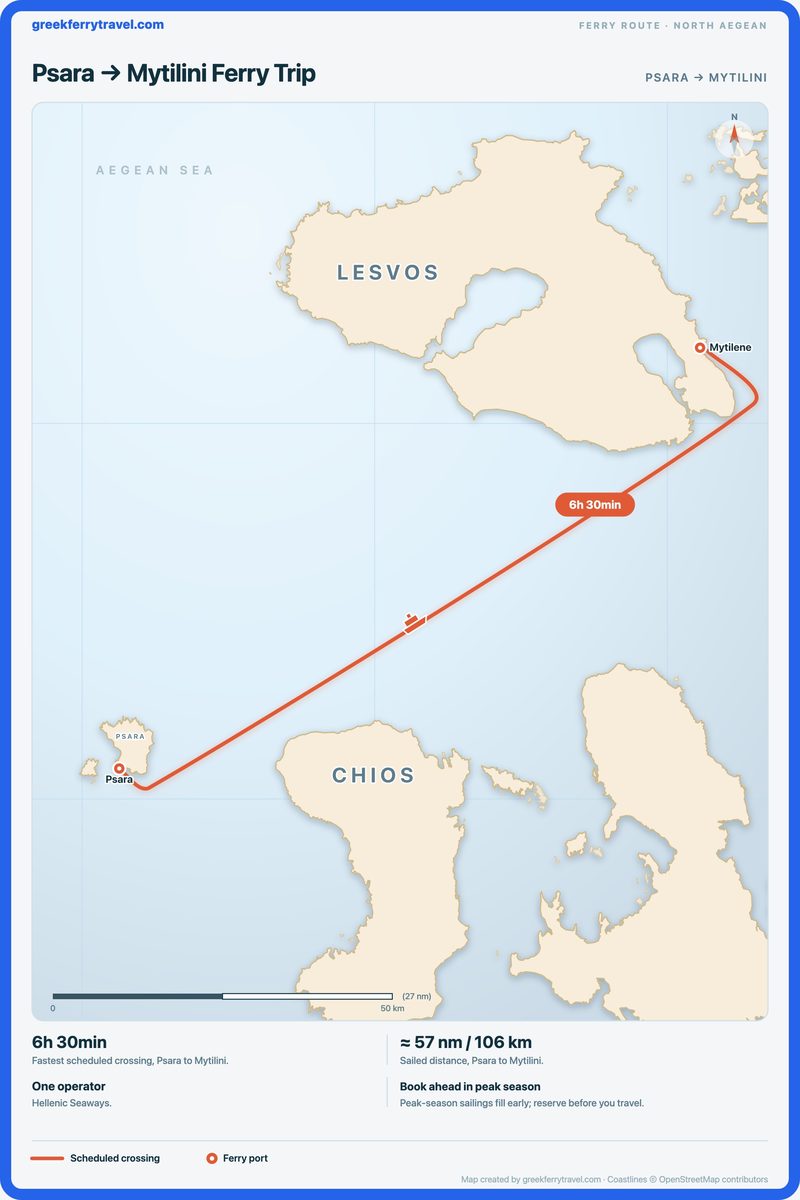 Map of the north Aegean showing the ferry route north-east from Psara to Mytilini.