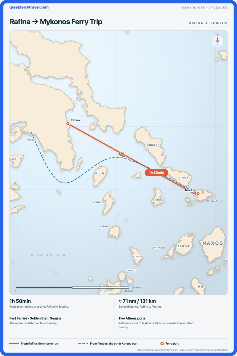 Map of the Cyclades showing the ferry route east-south-east from Rafina, on the Attica coast, to Tourlos on Mykonos.
