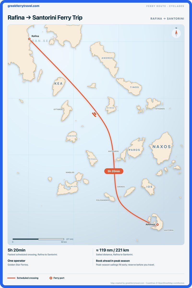 Map of the Cyclades showing the ferry route south-east from Rafina to Santorini.