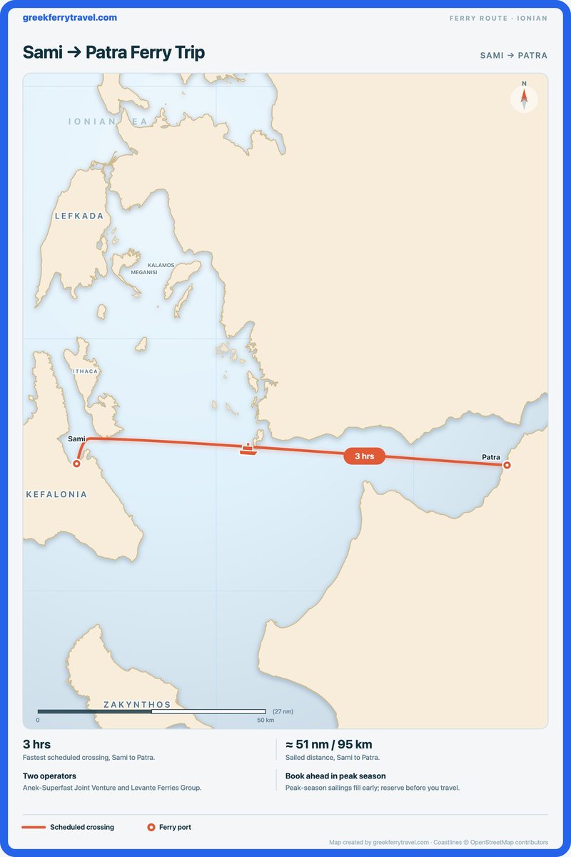 Map of the Ionian Islands showing the ferry route east from Sami to Patra.