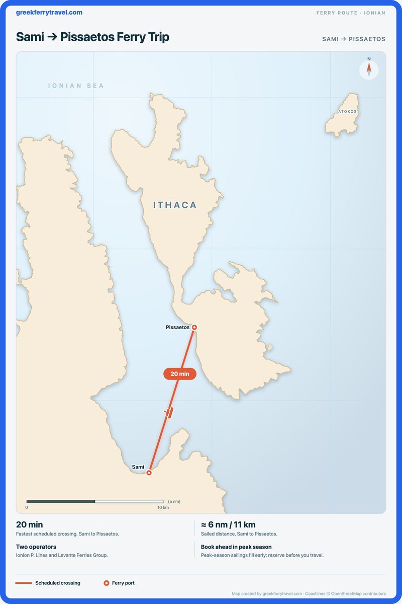 Map of the Ionian Islands showing the ferry route north-north-east from Sami to Pissaetos.