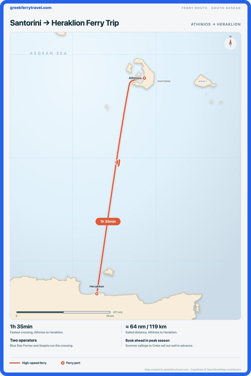 Map showing the high-speed ferry route south from Athinios on Santorini across the Sea of Crete to Heraklion on Crete.