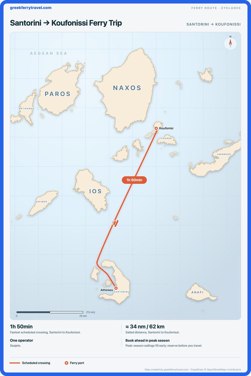 Map of the Cyclades showing the ferry route north-north-east from Santorini to Koufonissi.