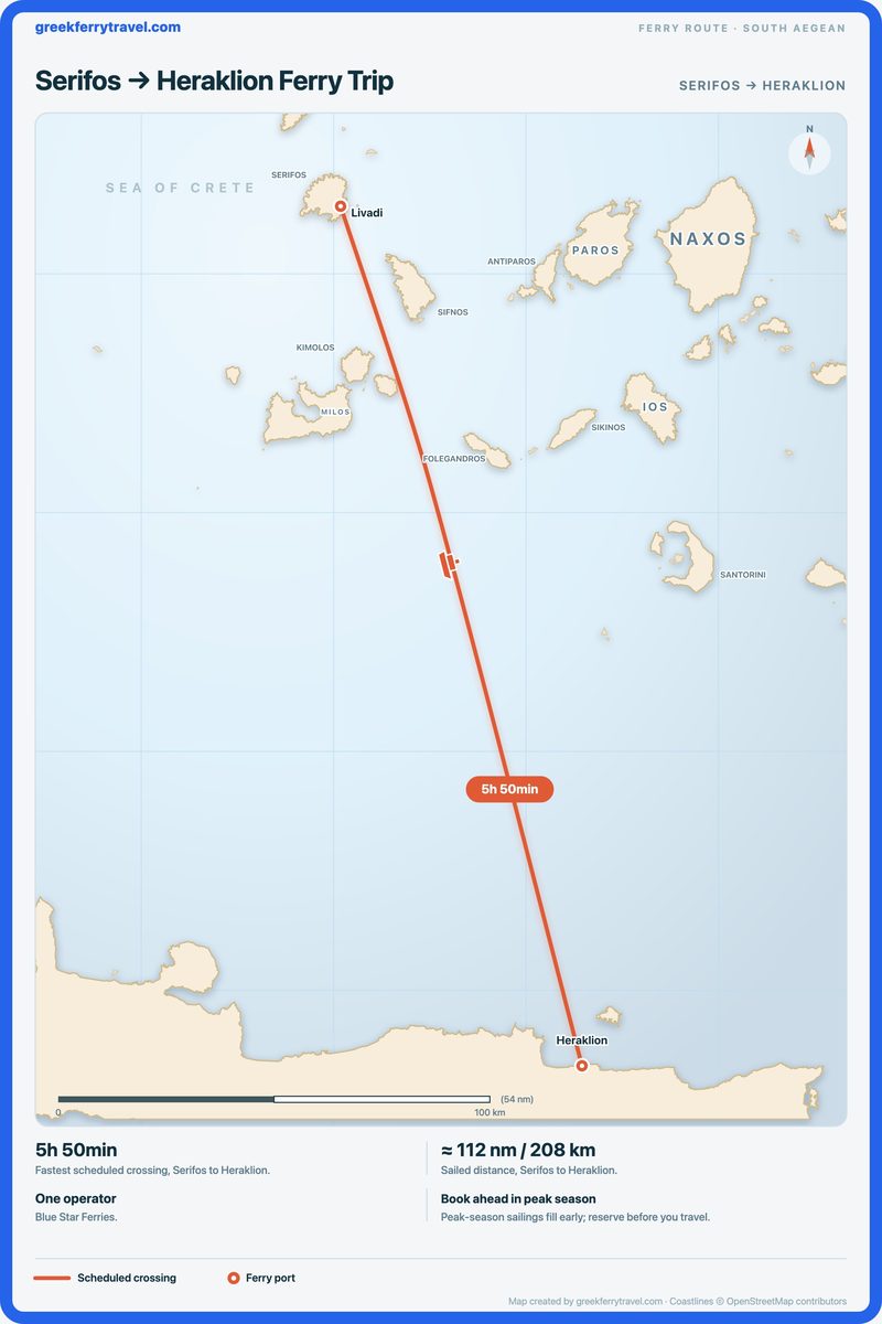 Map of the south Aegean showing the ferry route south-south-east from Serifos to Heraklion.