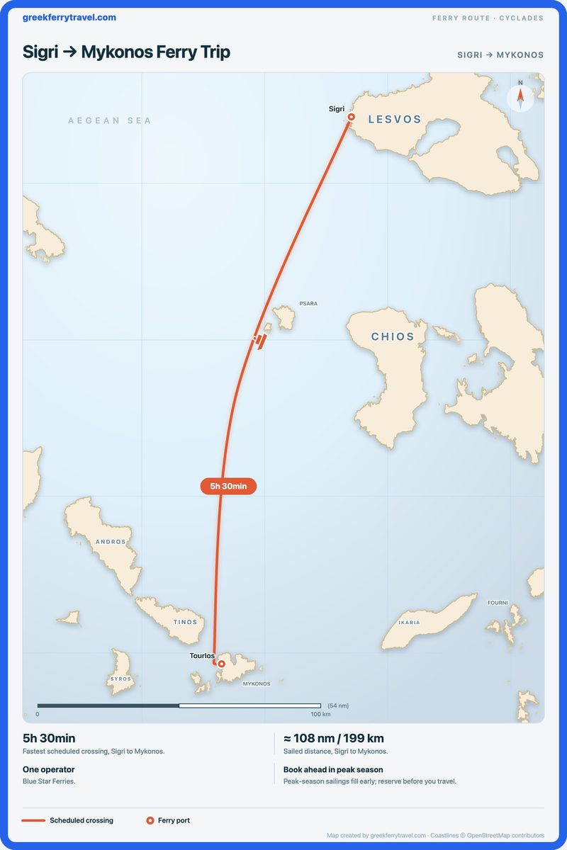 Map of the Cyclades showing the ferry route south-south-west from Sigri to Mykonos.