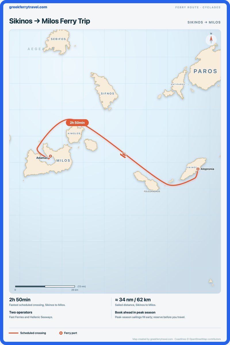 Map of the Cyclades showing the ferry route west from Sikinos to Milos.