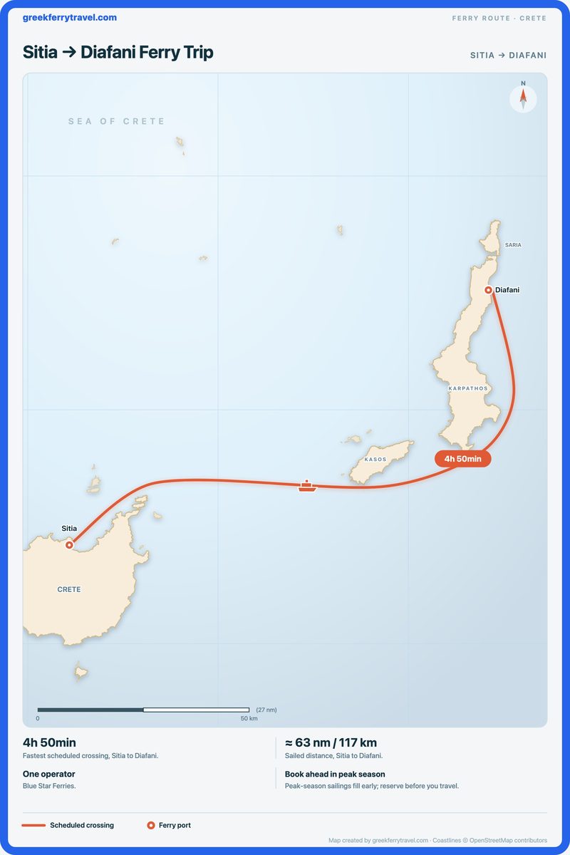 Map of Crete showing the ferry route east-north-east from Sitia to Diafani.