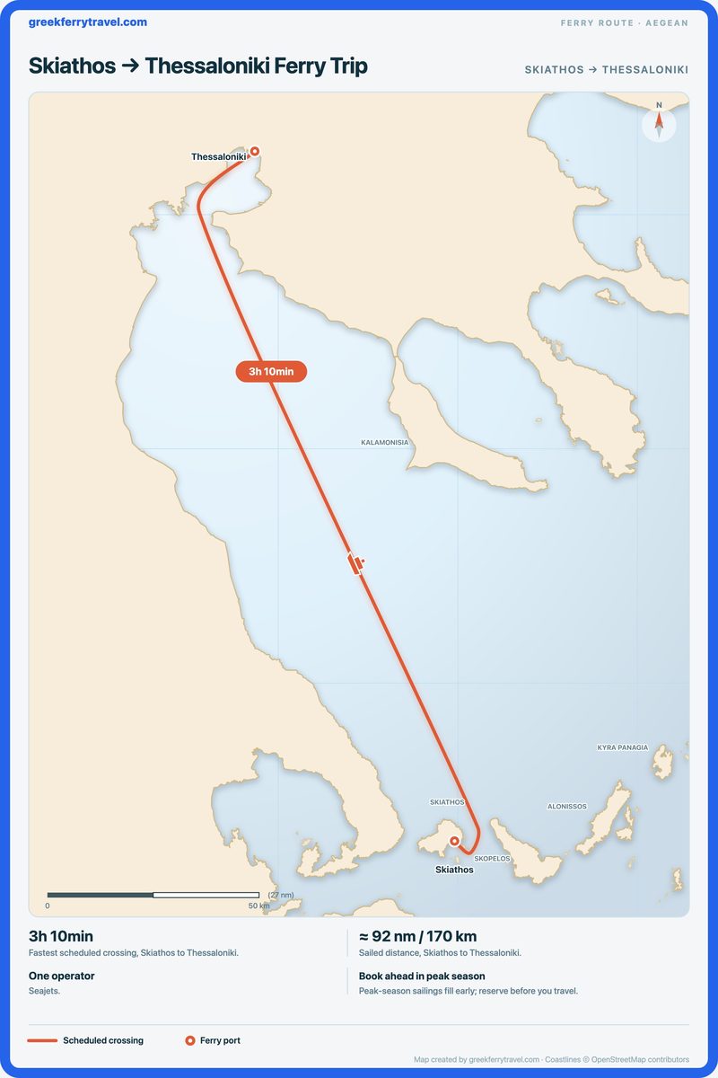Map of the Aegean showing the ferry route north-north-west from Skiathos to Thessaloniki.