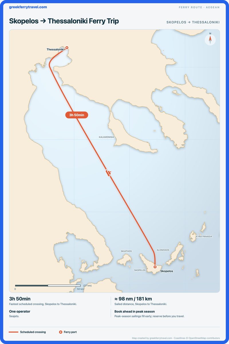 Map of the Aegean showing the ferry route north-north-west from Skopelos to Thessaloniki.