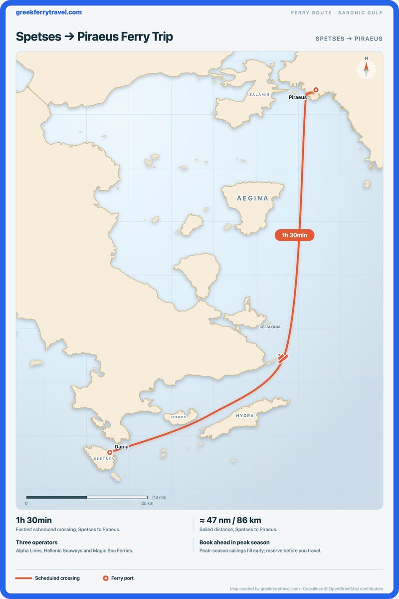 Map of the Saronic Gulf showing the ferry route north-north-east from Spetses to Piraeus.