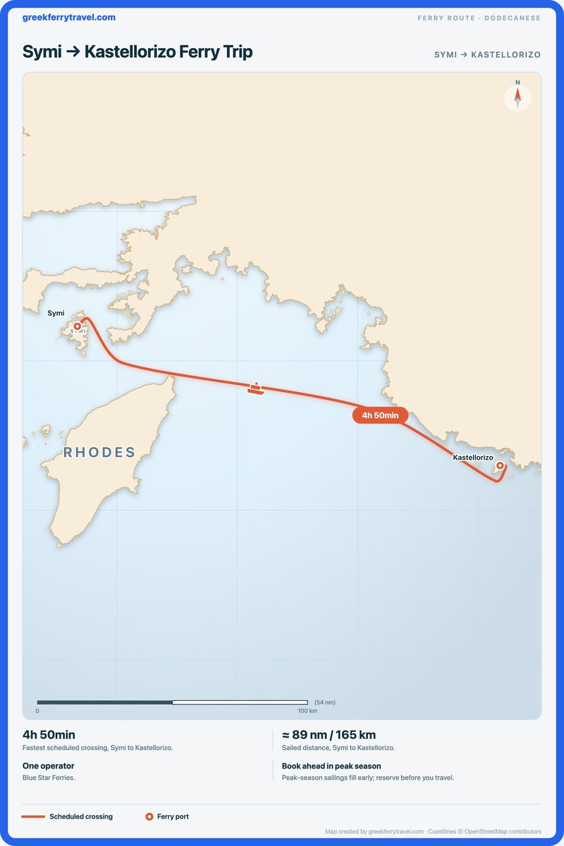 Map of the Dodecanese showing the ferry route east-south-east from Symi to Kastellorizo.