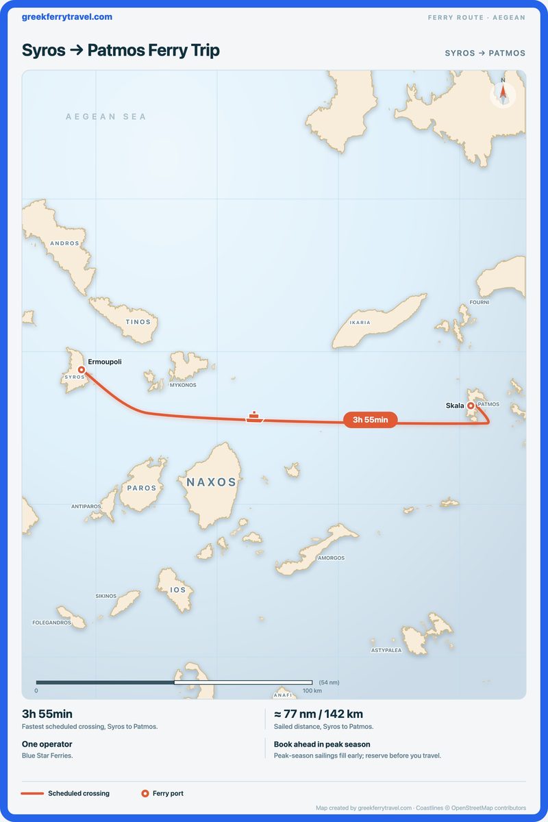 Map of the Aegean showing the ferry route east from Syros to Patmos.