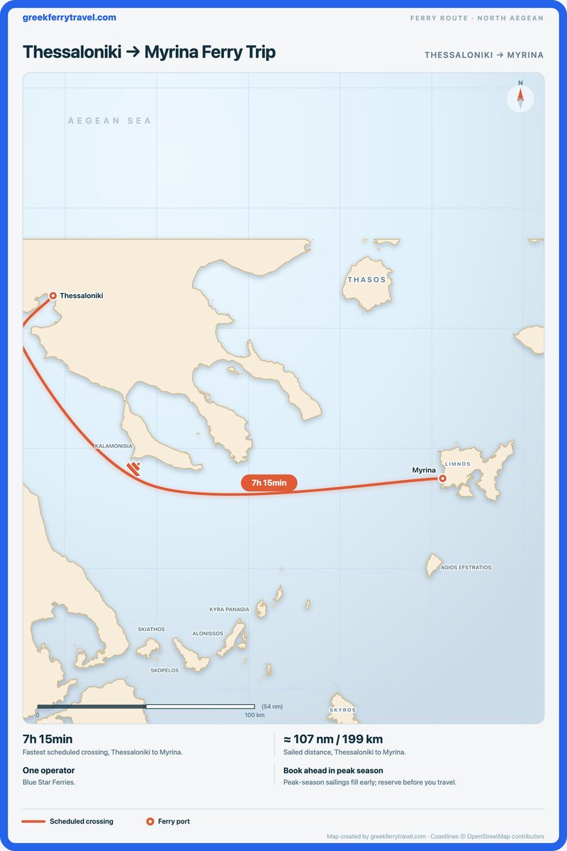 Map of the north Aegean showing the ferry route east-south-east from Thessaloniki to Myrina.