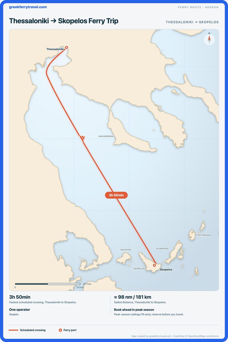 Map of the Aegean showing the ferry route south-south-east from Thessaloniki to Skopelos.