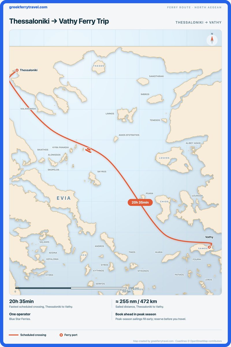Map of the north Aegean showing the ferry route south-east from Thessaloniki to Vathy.