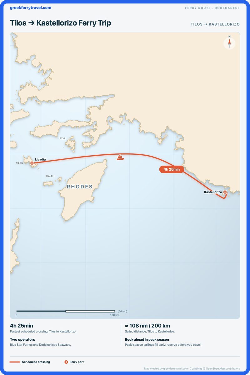 Map of the Dodecanese showing the ferry route east from Tilos to Kastellorizo.