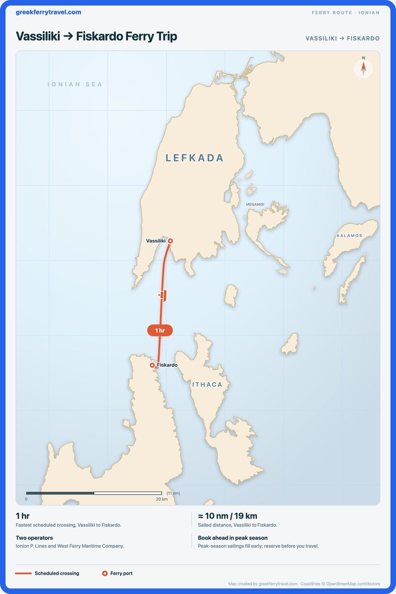 Map of the Ionian Islands showing the ferry route south from Vassiliki to Fiskardo.
