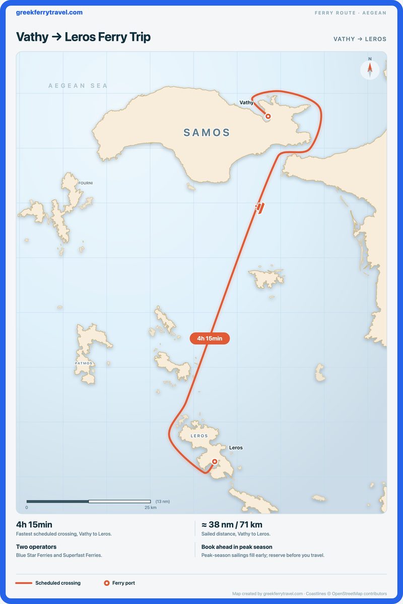 Map of the Aegean showing the ferry route south from Vathy to Leros.