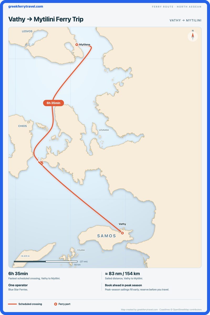 Map of the north Aegean showing the ferry route north-north-west from Vathy to Mytilini.