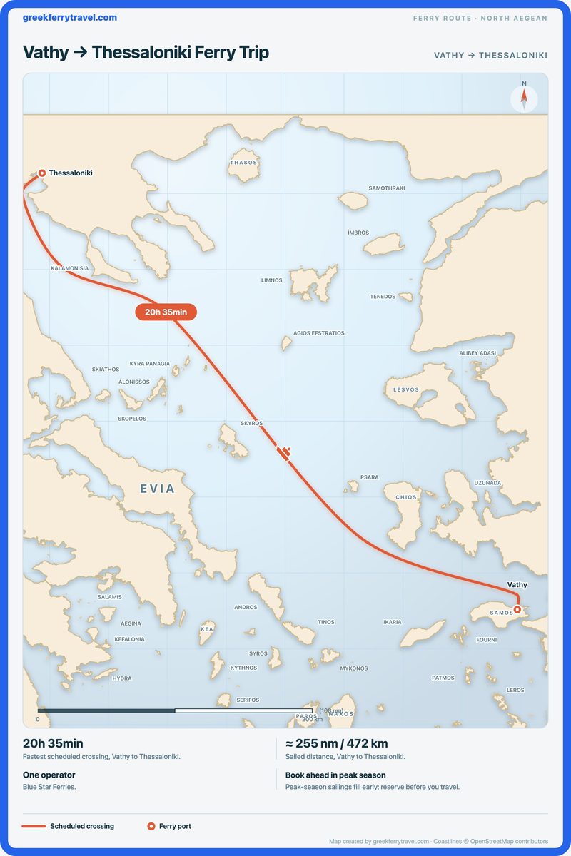 Map of the north Aegean showing the ferry route north-west from Vathy to Thessaloniki.