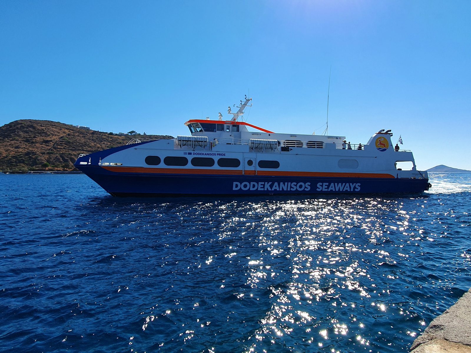 Dodekanisos Pride, the high-speed passenger and car catamaran operated by Dodekanisos Seaways, carrying up to 280 passengers and 9 cars.