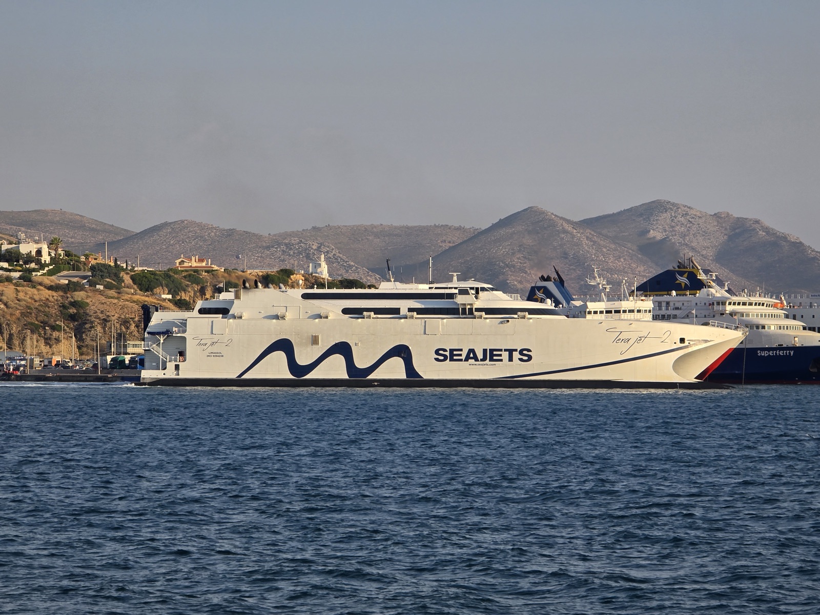 The SeaJets Tera Jets 2 ferry, leaving Rafina Port early in the morning