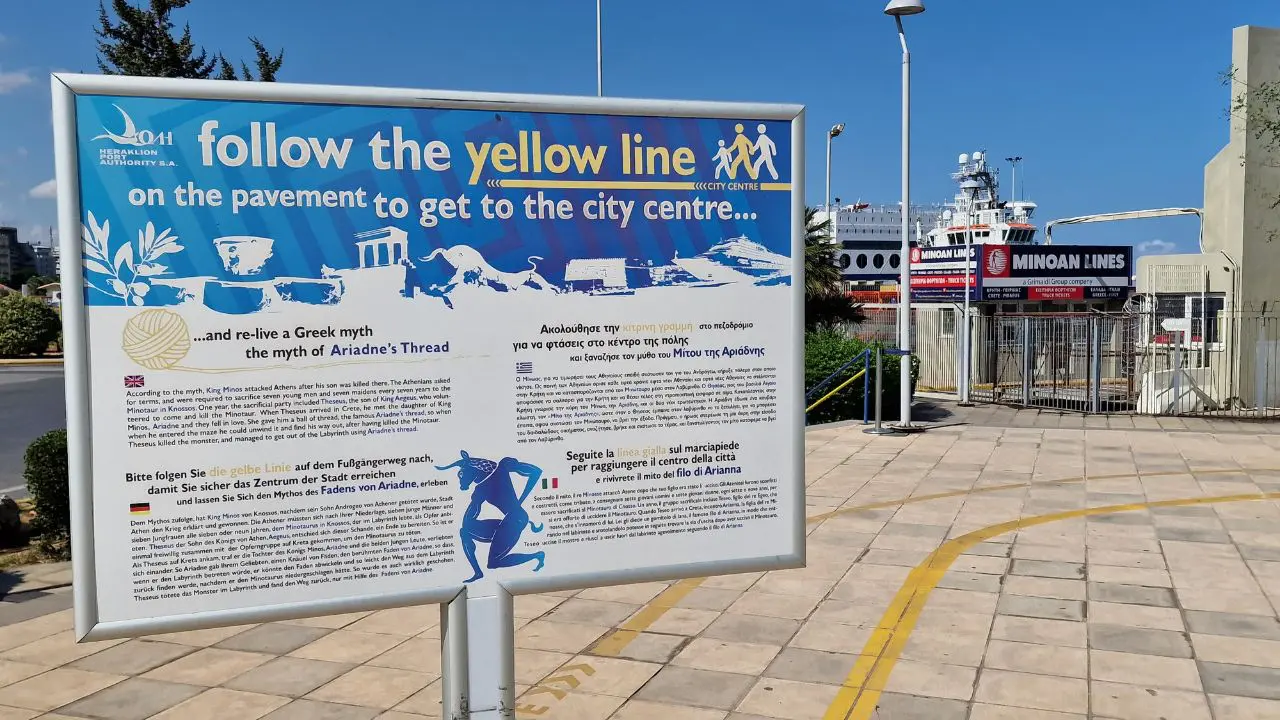 a signpost showing how to walk from heraklion ferry port to Heraklion city center in Crete